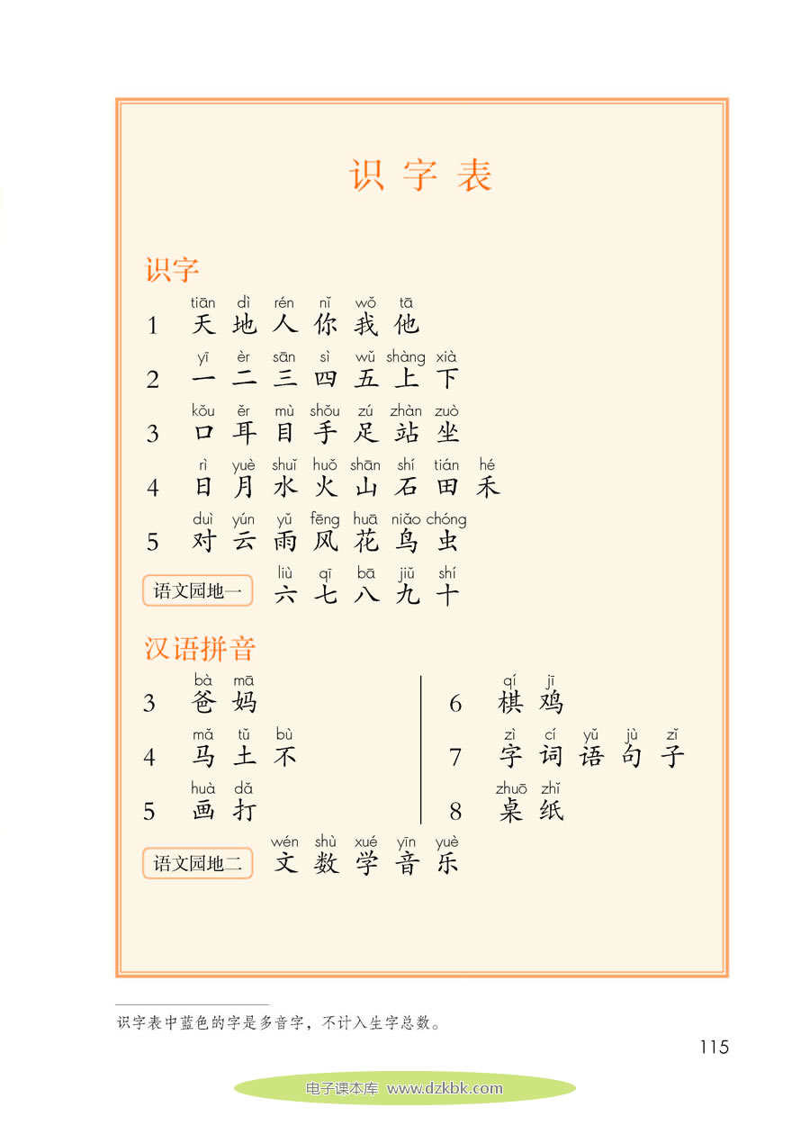 识字表-人教版一年级语文上册（2016部编版）